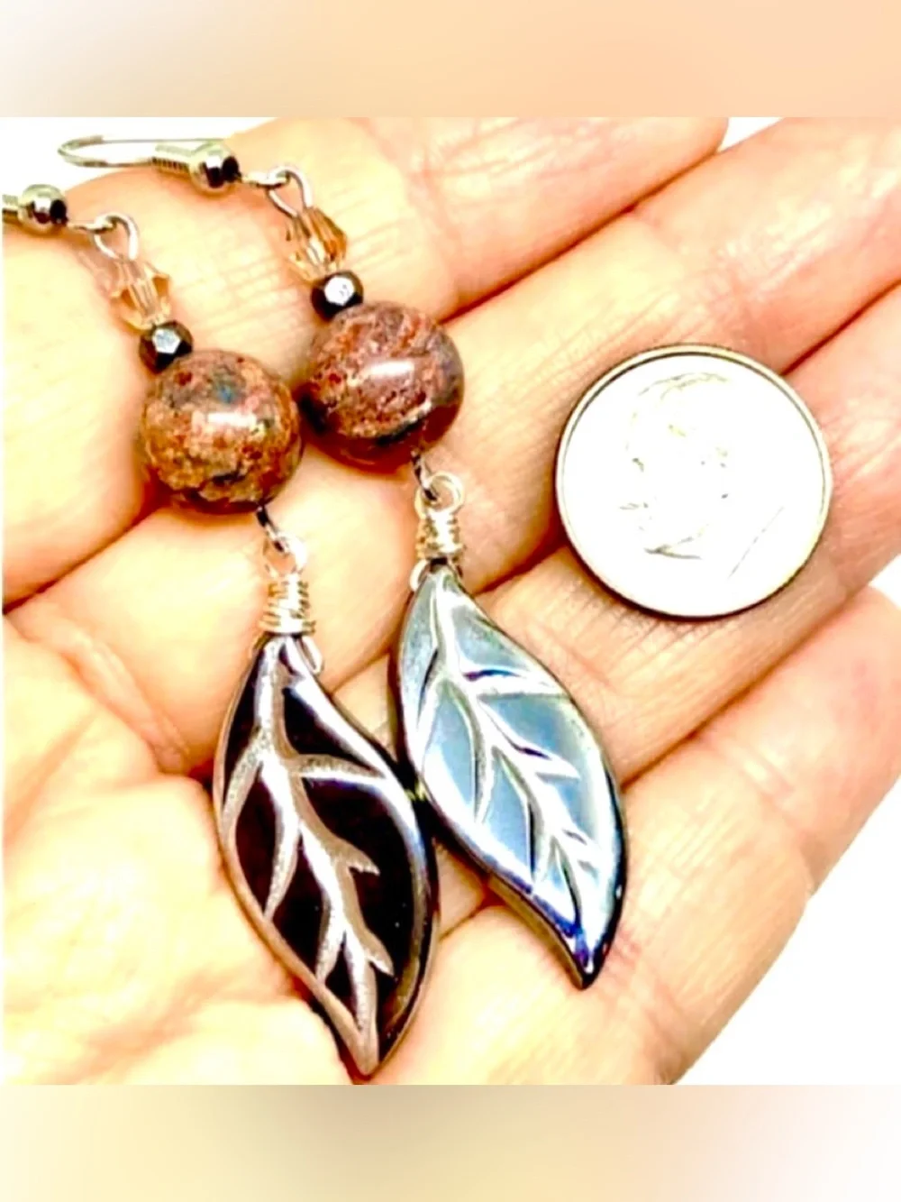 Silver Plated Glass Leaves Red Gray Leopard Stone Crystal Fall Leaf Earrings NWT